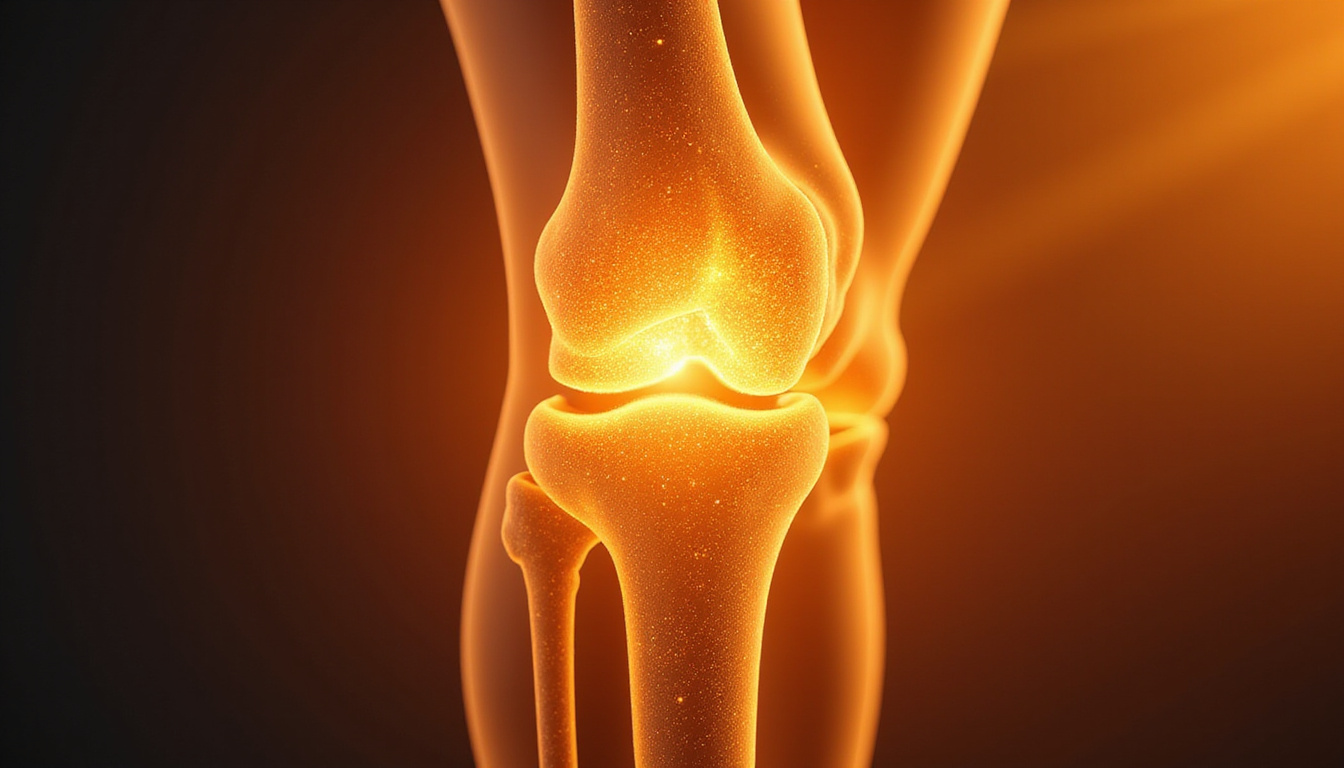  Anatomical closeup of knee joint bathed in golden light, glucosamine particles restoring cartilage
