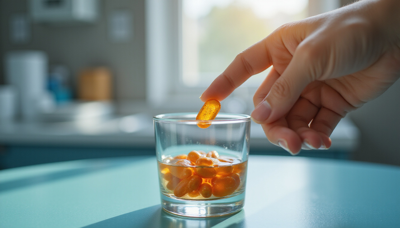  Close-up hand holding MSM capsule over glass of water, soft clinical lighting, warmth radiating from joints