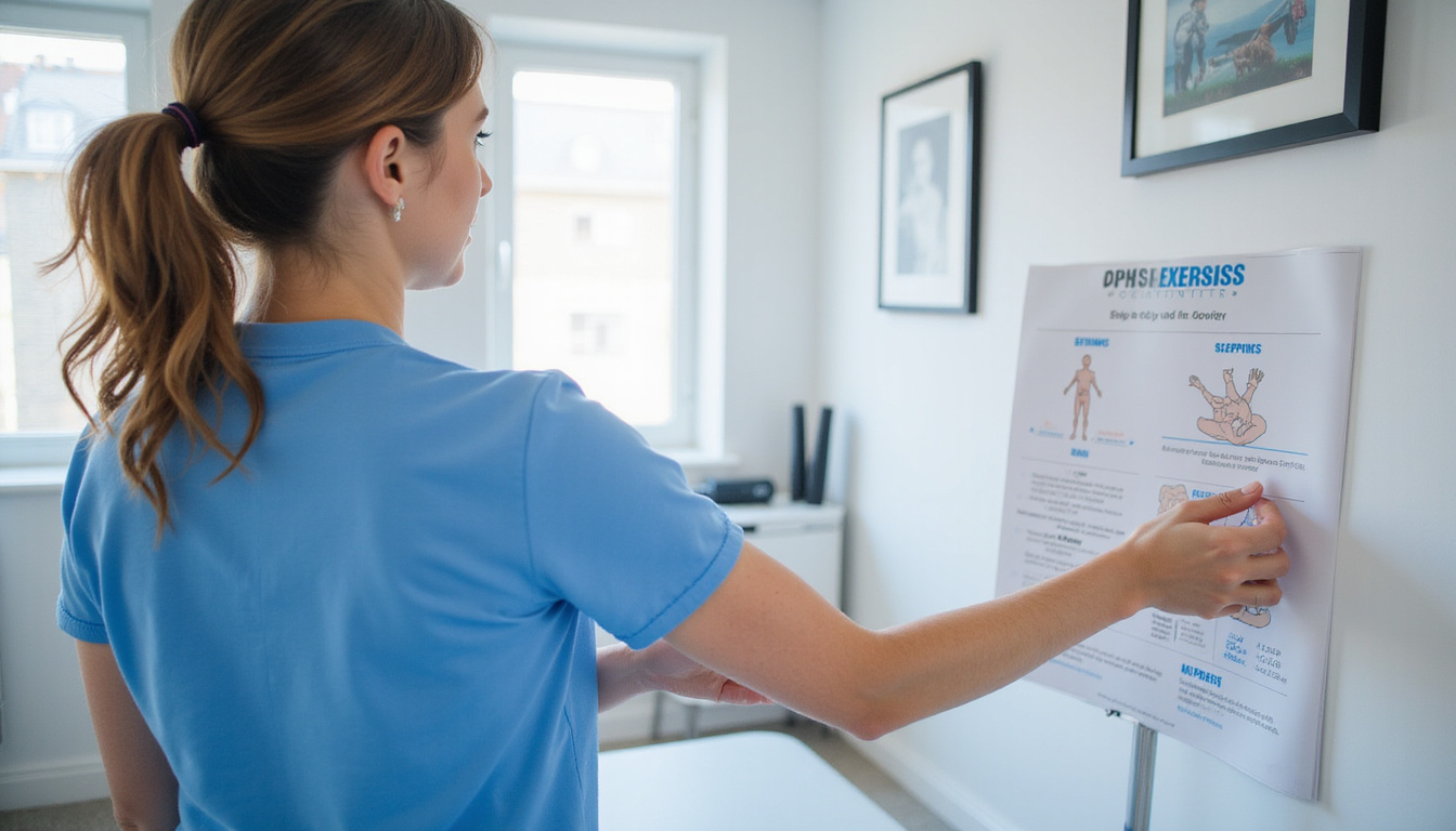  Physiotherapist demonstrating step-by-step elbow mobility exercises with labeled infographic, soft clinical lighting