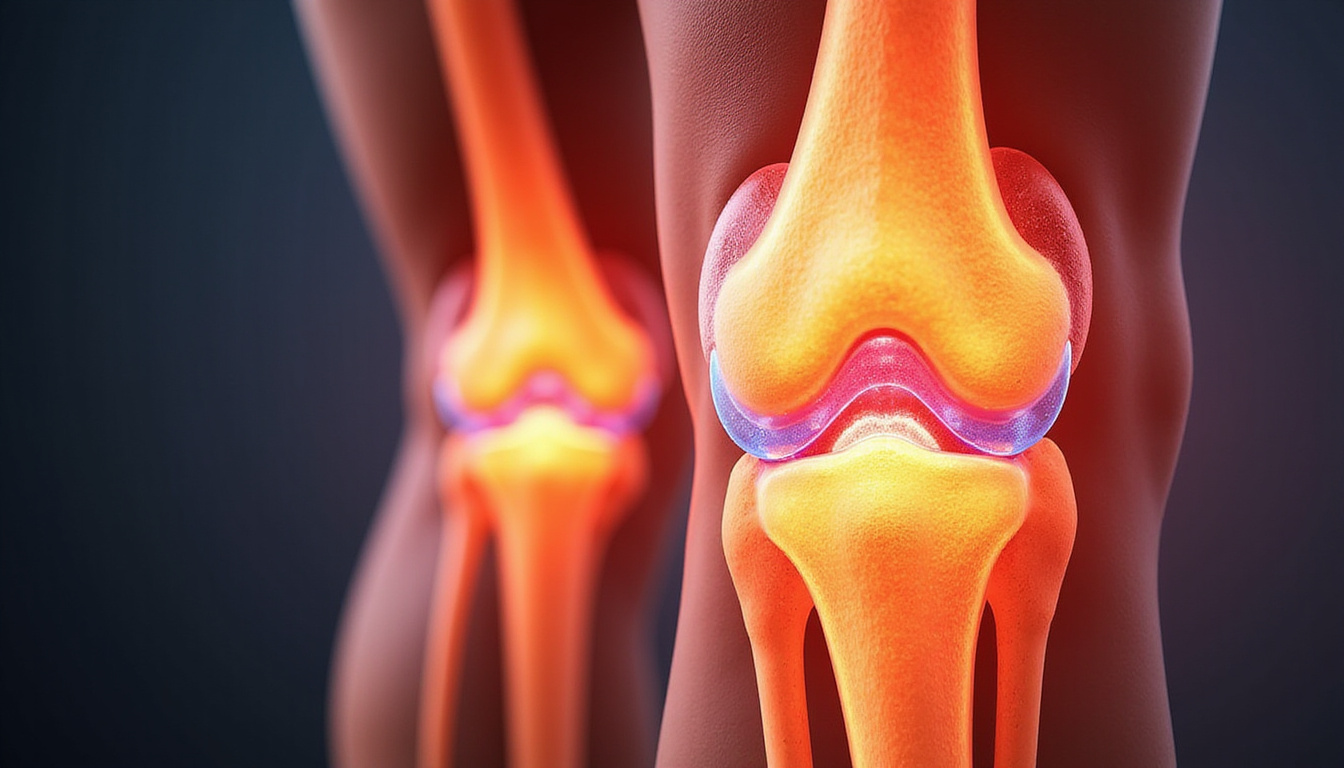  Close-up anatomical overlay of knee showing meniscus tear explanation, non-surgical techniques, warm clinical lighting