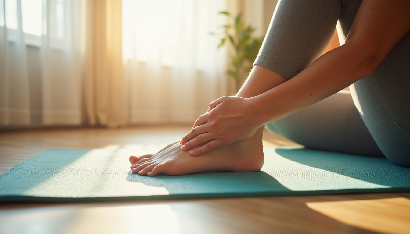  Senior woman doing daily ankle dorsiflexion stretch at home, yoga mat, calm sunlight