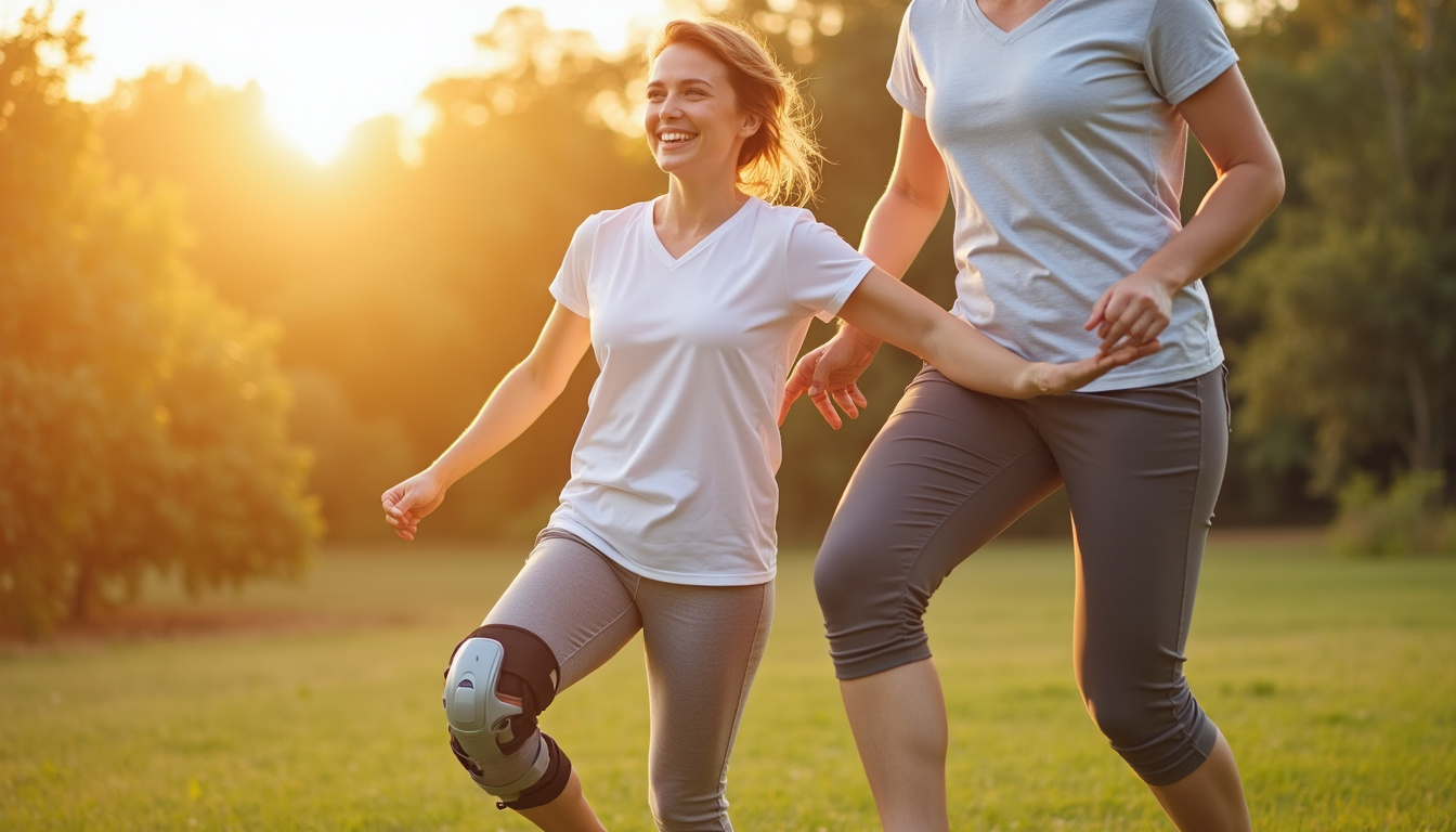  Smiling patient doing guided rehabilitation exercises outdoors with therapist, knee brace, hopeful golden hour
