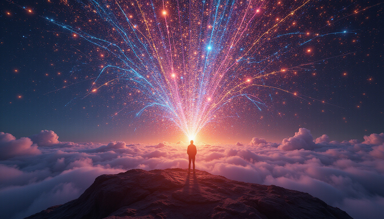 Secret recipe book for prompts, neon circuits, exploding data constellations, creators reaching upward