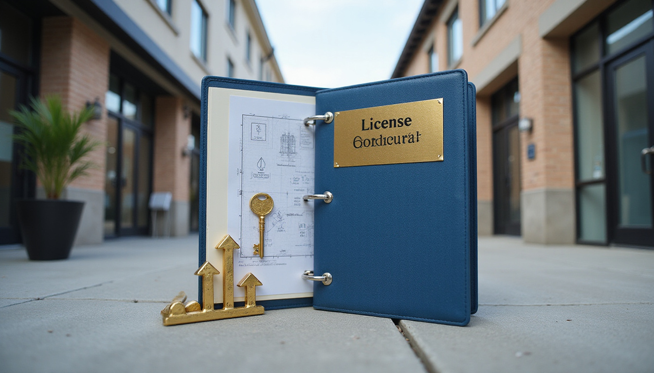 Confidential binder labeled Licensee Secrets, golden key, blueprint, upward arrows, polished storefronts in background