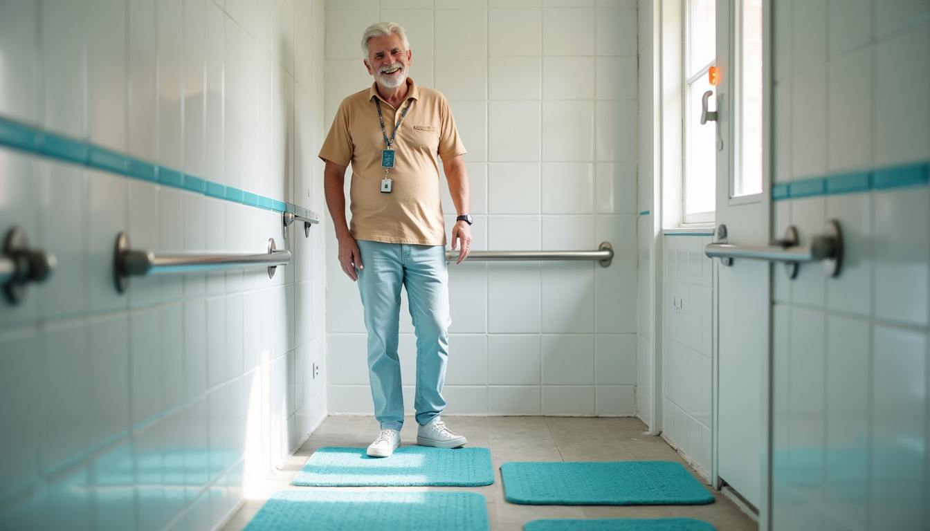  Bright bathroom with anti-slip mats, walk-in shower, handrails, emergency pendant, confident older man smiling