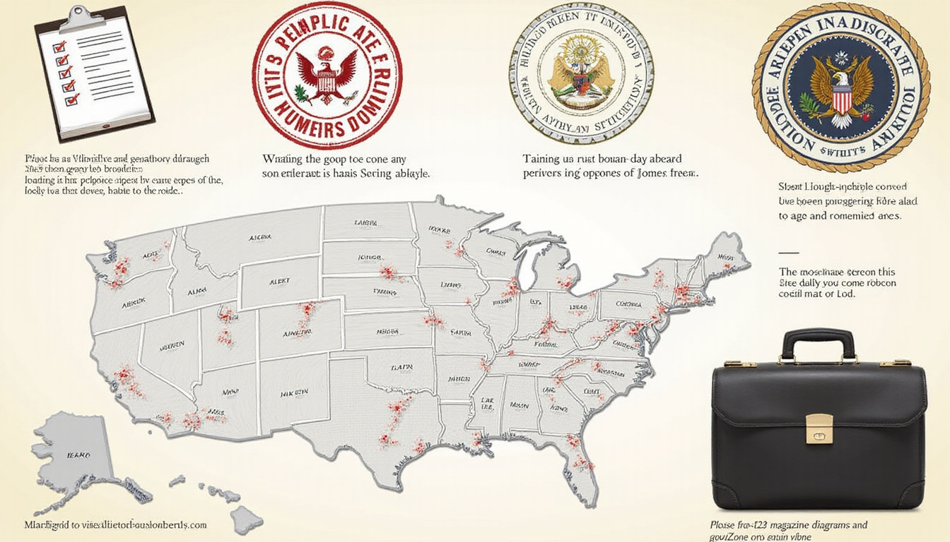  Close-up compliance checklist, set-aside stamp, government seal, map highlighting HUBZone areas, briefcase