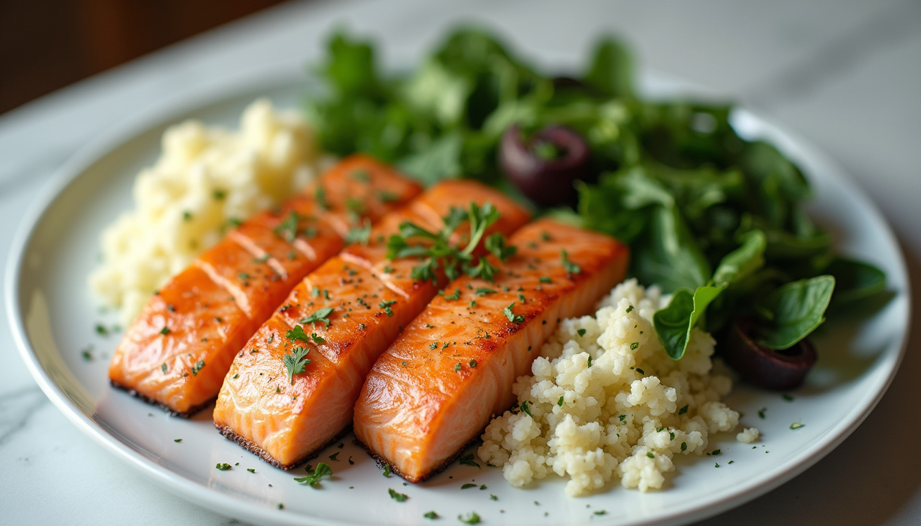  Colorful low-carb plate with grilled salmon, greens, cauliflower rice, elegant plating, soft lighting
