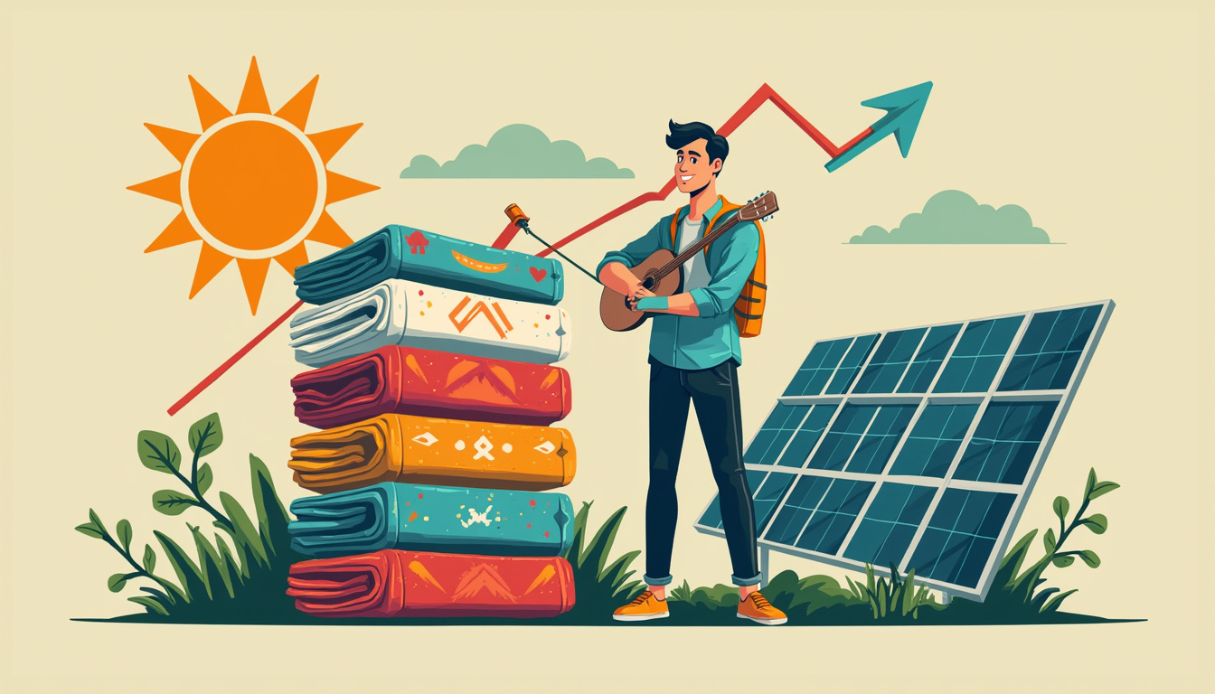  Stack of organic cotton shirts with vivid prints, rising profit graph, solar panels, smiling entrepreneur