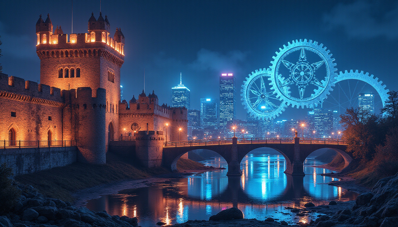  Bridge of gears connecting old fortress to modern city, illuminated strategy blueprint guiding