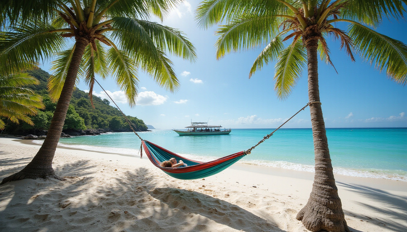  Budget travel montage: hammock between palms, local ferry, hidden white-sand cove, rustic map