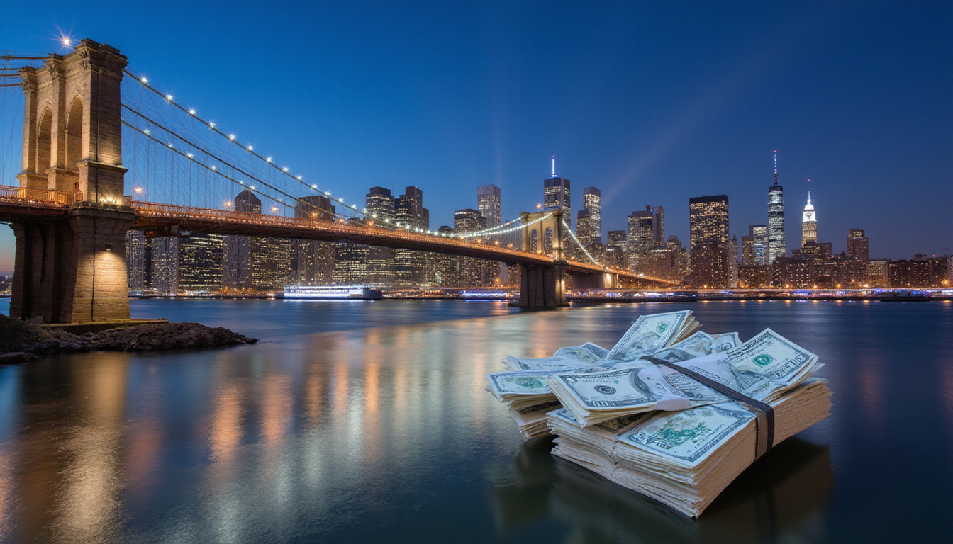  Time-lapse city bridge morphing into stack of mortgage contracts, speeding dollar notes, dramatic lighting