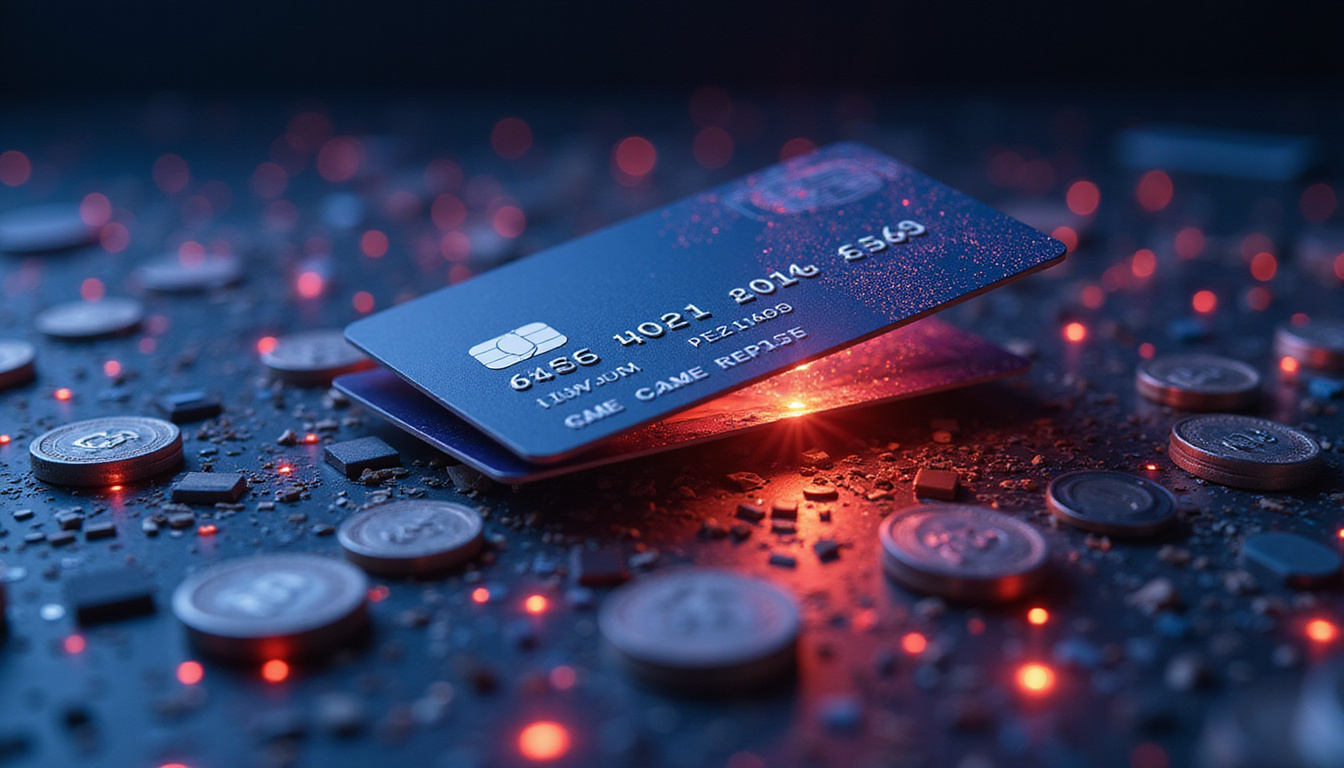  Credit card dissolving into glowing encrypted tokens, circuits, protective shield, minimalist futuristic scene