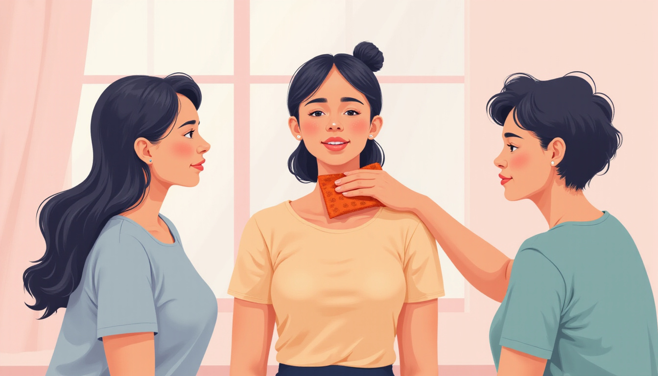  Illustration of teacher applying heat pack to neck, mindfulness breathing, supportive colleagues, soft pastel palette