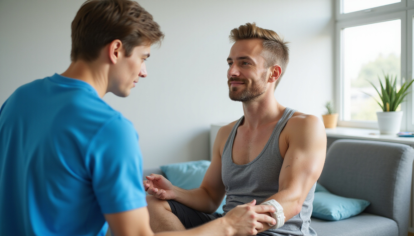  Athlete performing rehabilitation exercises with braces, physical therapist assisting, bright hopeful clinic scene