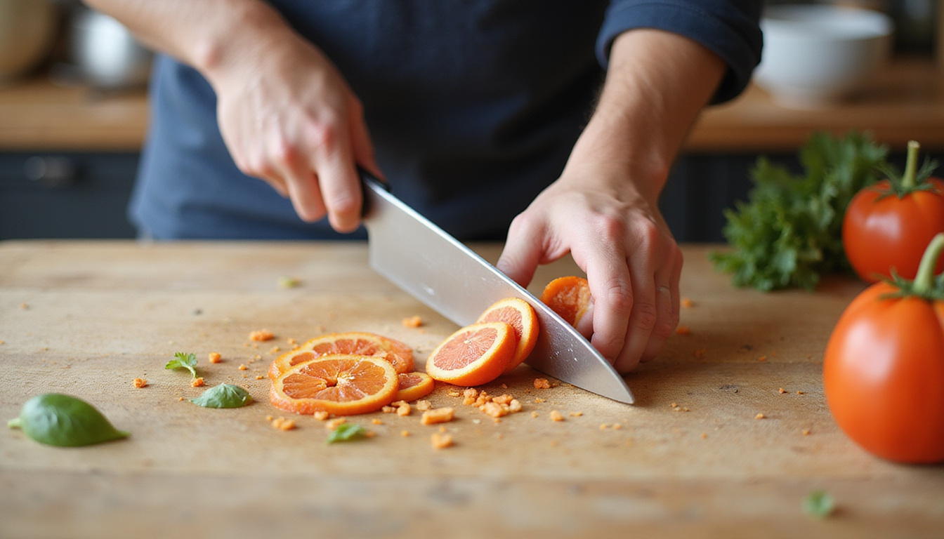  Dynamic motion-blur of chopping drills, repeated slices, rubber grip trainer, wooden cutting board, instructional overlay