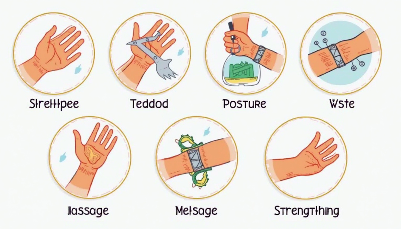  Split infographic montage showing eight fixes: wrist stretches, brace, posture, tools, ice, massage, strengthening