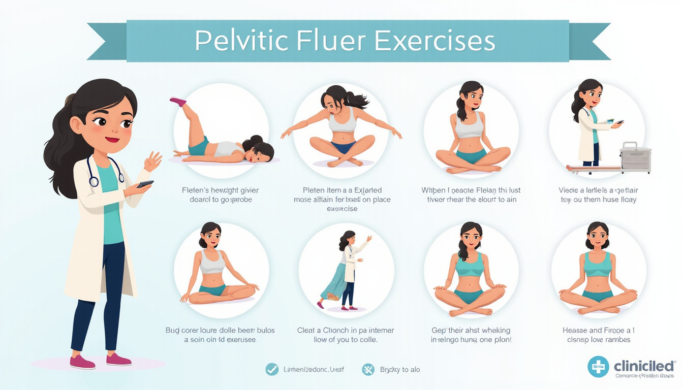  female doctor demonstrating pelvic floor exercises infographic, calm clinic, clear step-by-step illustrations, supportive tone