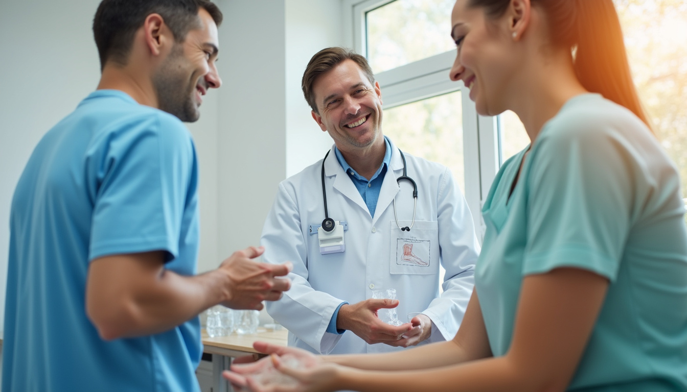  Doctor demonstrating ice pack, elevation, stretching diagram to patient, calm clinic, warm tones