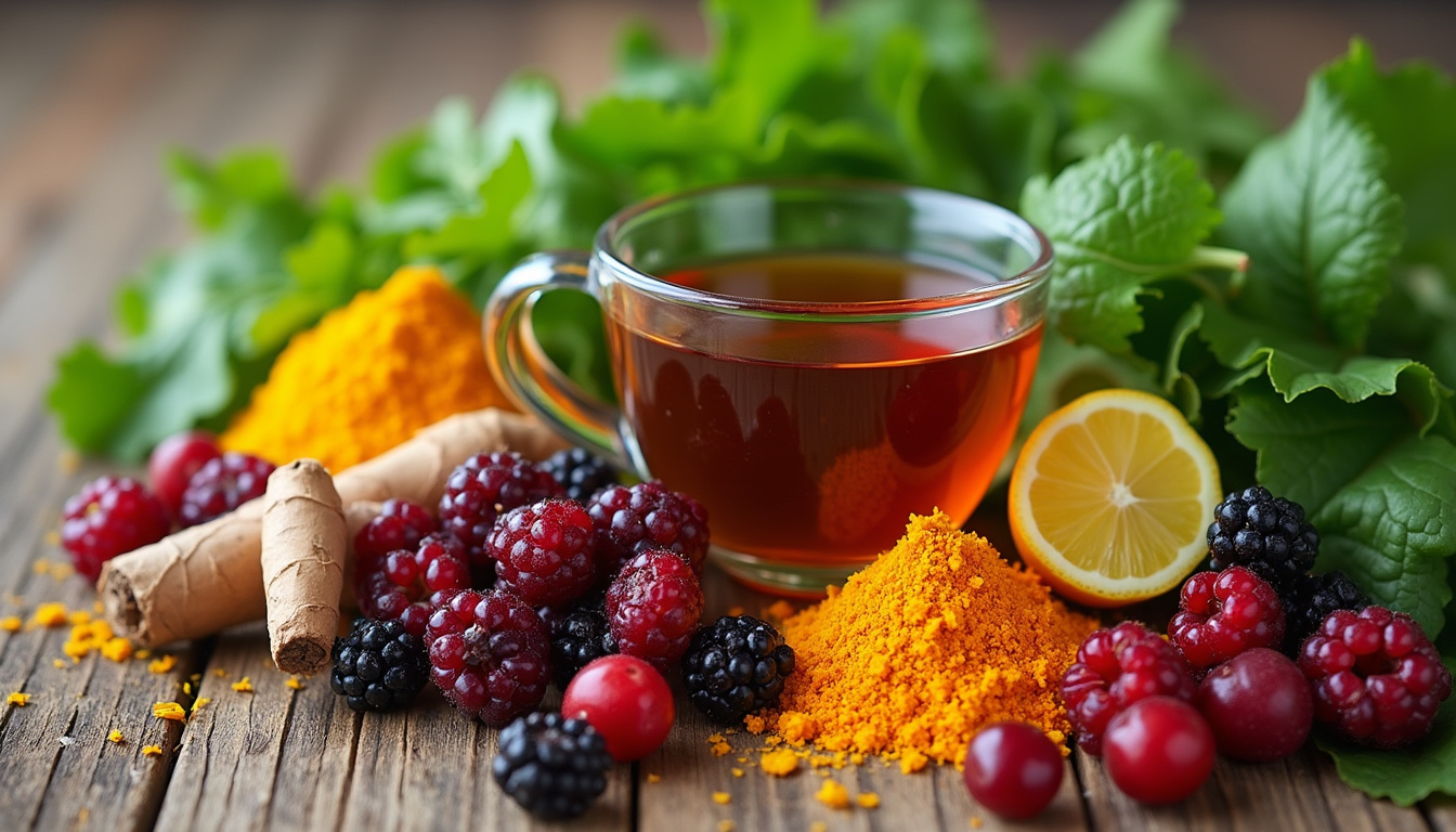  Rustic wooden table piled with anti-inflammatory foods turmeric berries leafy greens herbal tea