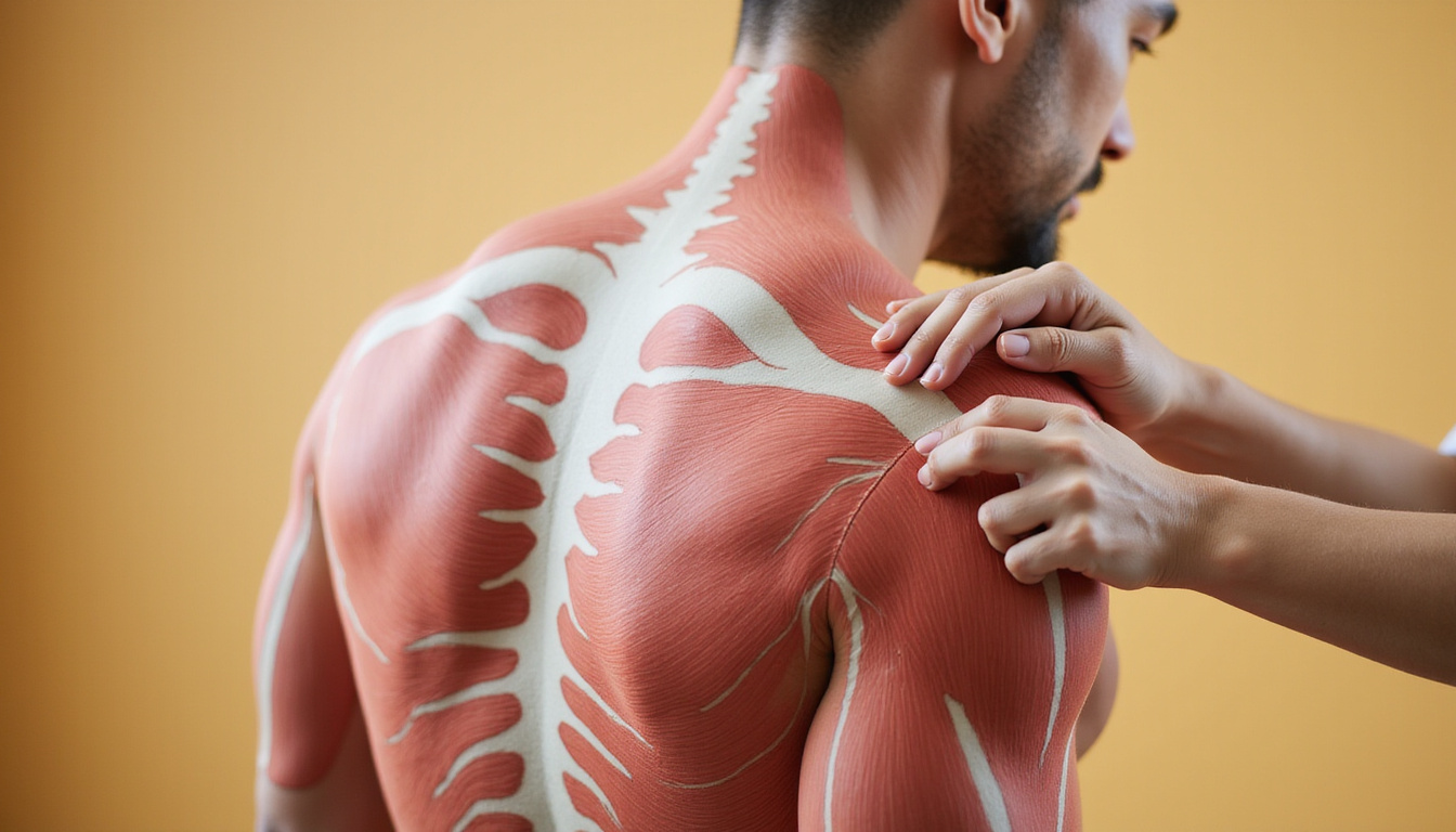  Close-up of shoulder anatomy overlay on veteran’s shoulder, gentle taping, warm neutral background