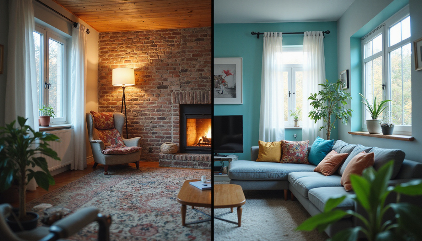  Split-screen before-and-after chaotic living room transformed, motion blur, high-detail, cinematic wide-angle