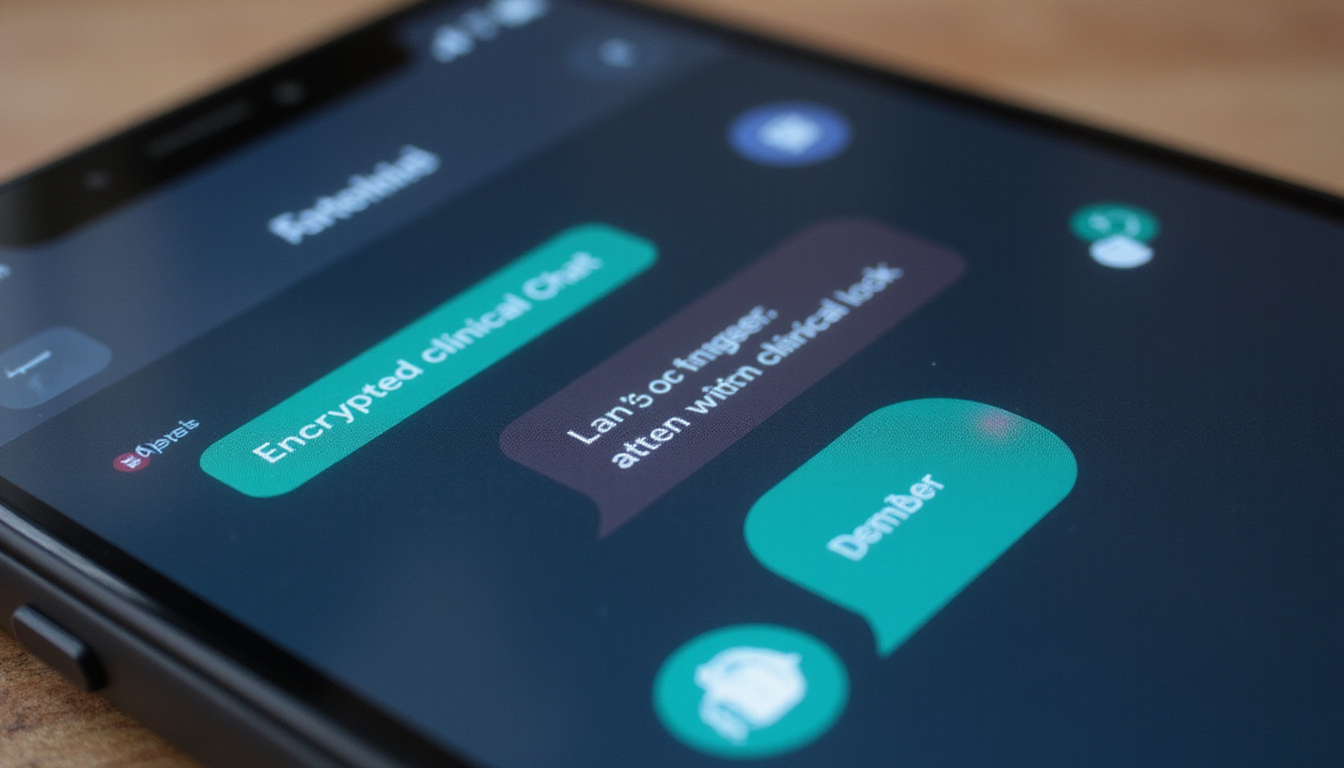  Close-up smartphone screen with encrypted clinical chat, HIPAA lock badge, attachment previews, sleek dark UI