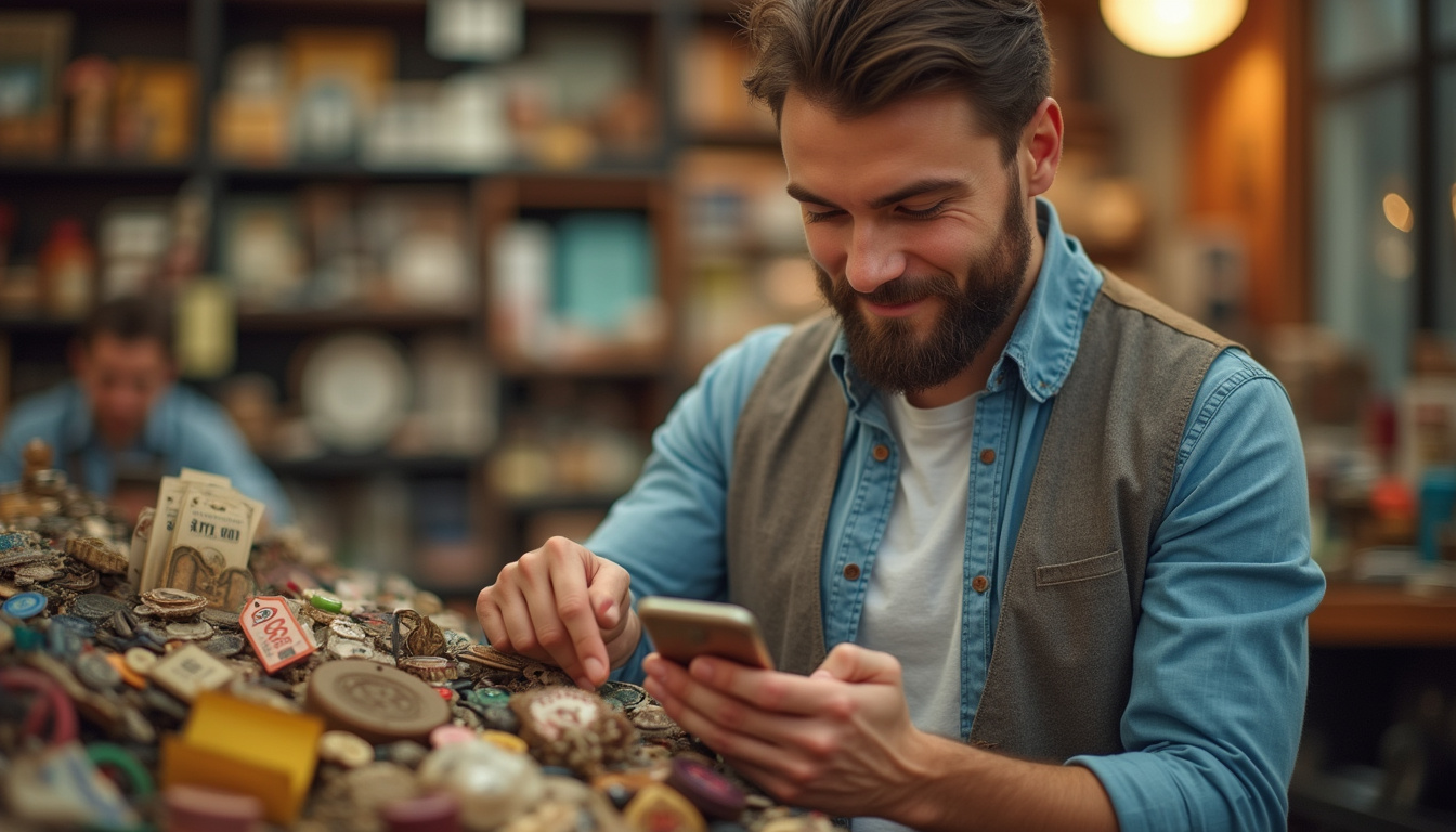  Entrepreneur sorting vintage items, smartphone selling apps, price tags, glowing dollar signs, motivated expression