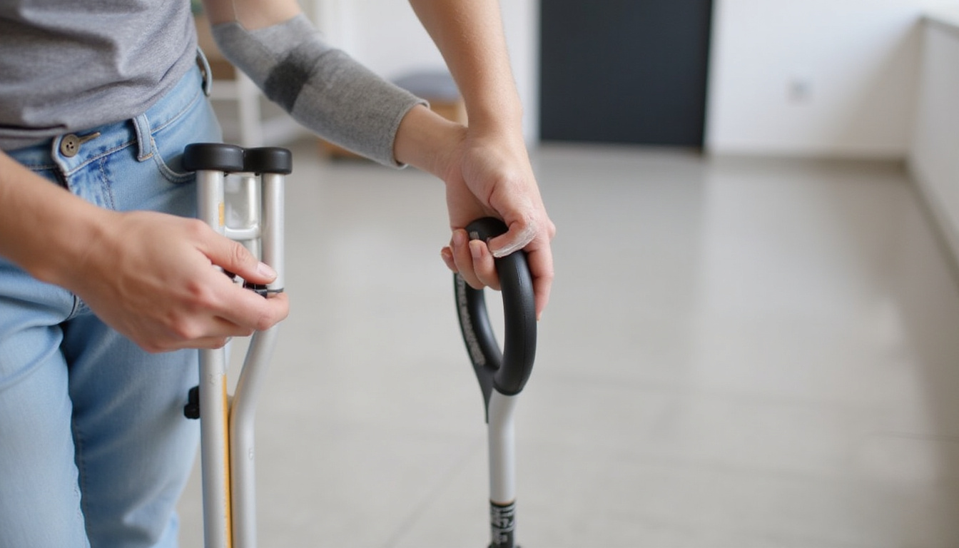  Close-up hands applying gel sleeve and ergonomic grip to underarm crutch, rubber tip, anti-slip floor