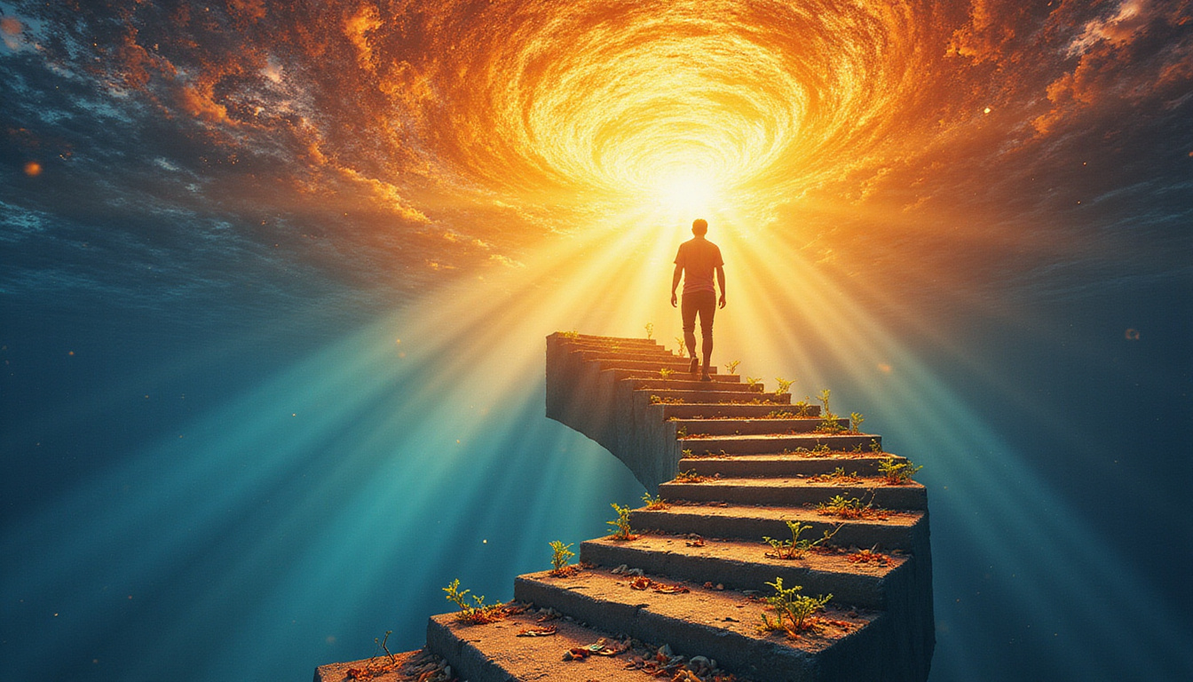 Person ascending spiraling staircase of light, each step seeds blooming into luminous inner growth