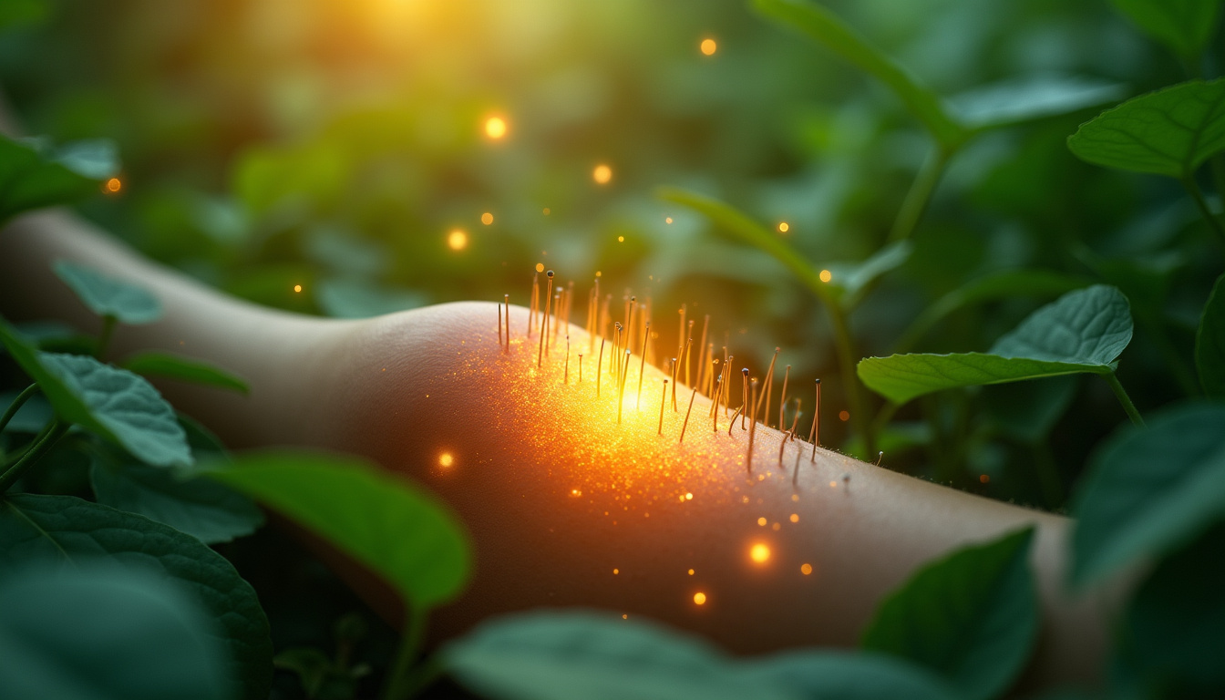  Close-up glowing knee surrounded by soothing green leaves, acupuncture needles and flowing motion lines