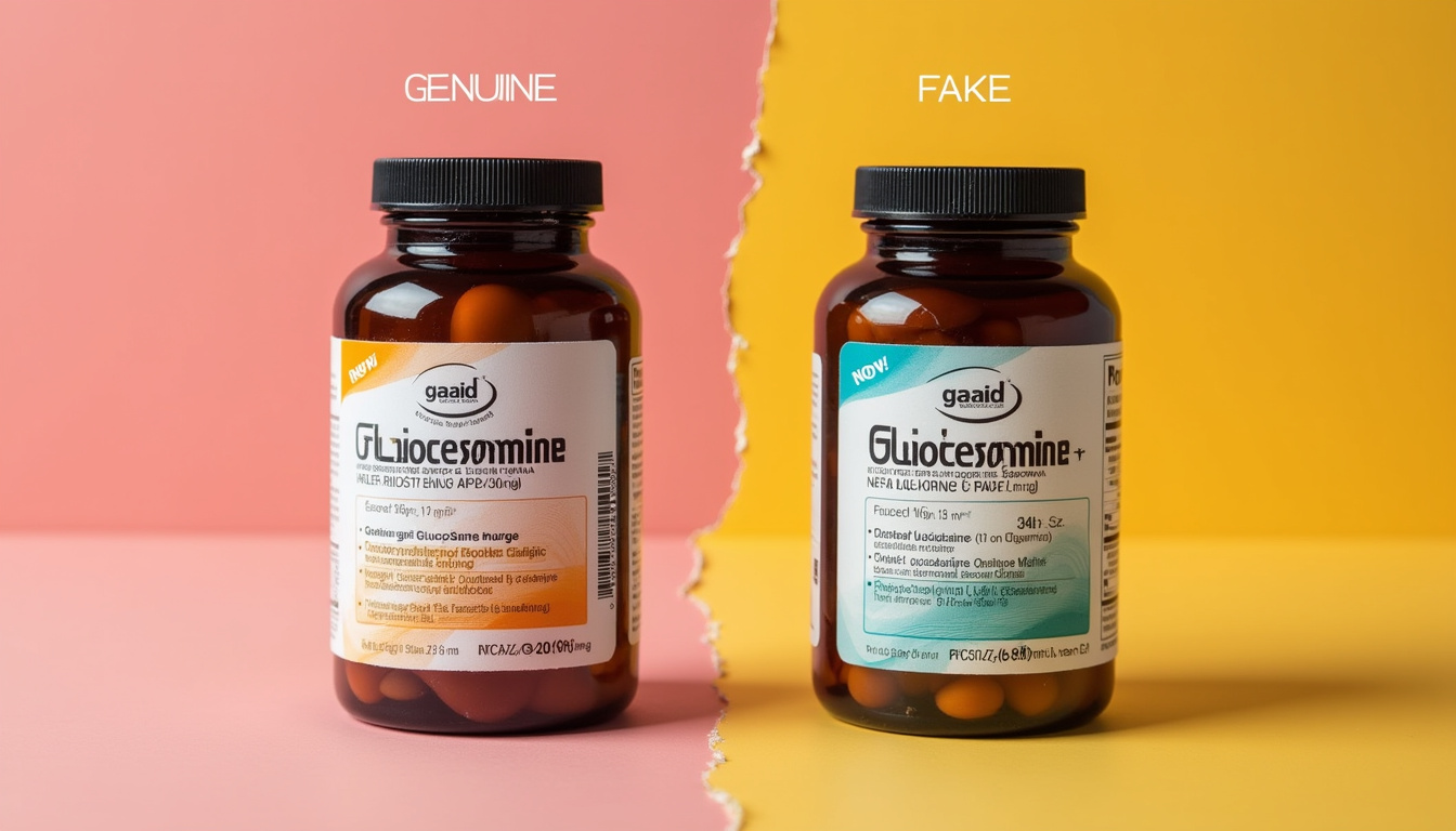  Side-by-side genuine versus fake glucosamine bottles, torn labels, barcode scanner, high contrast