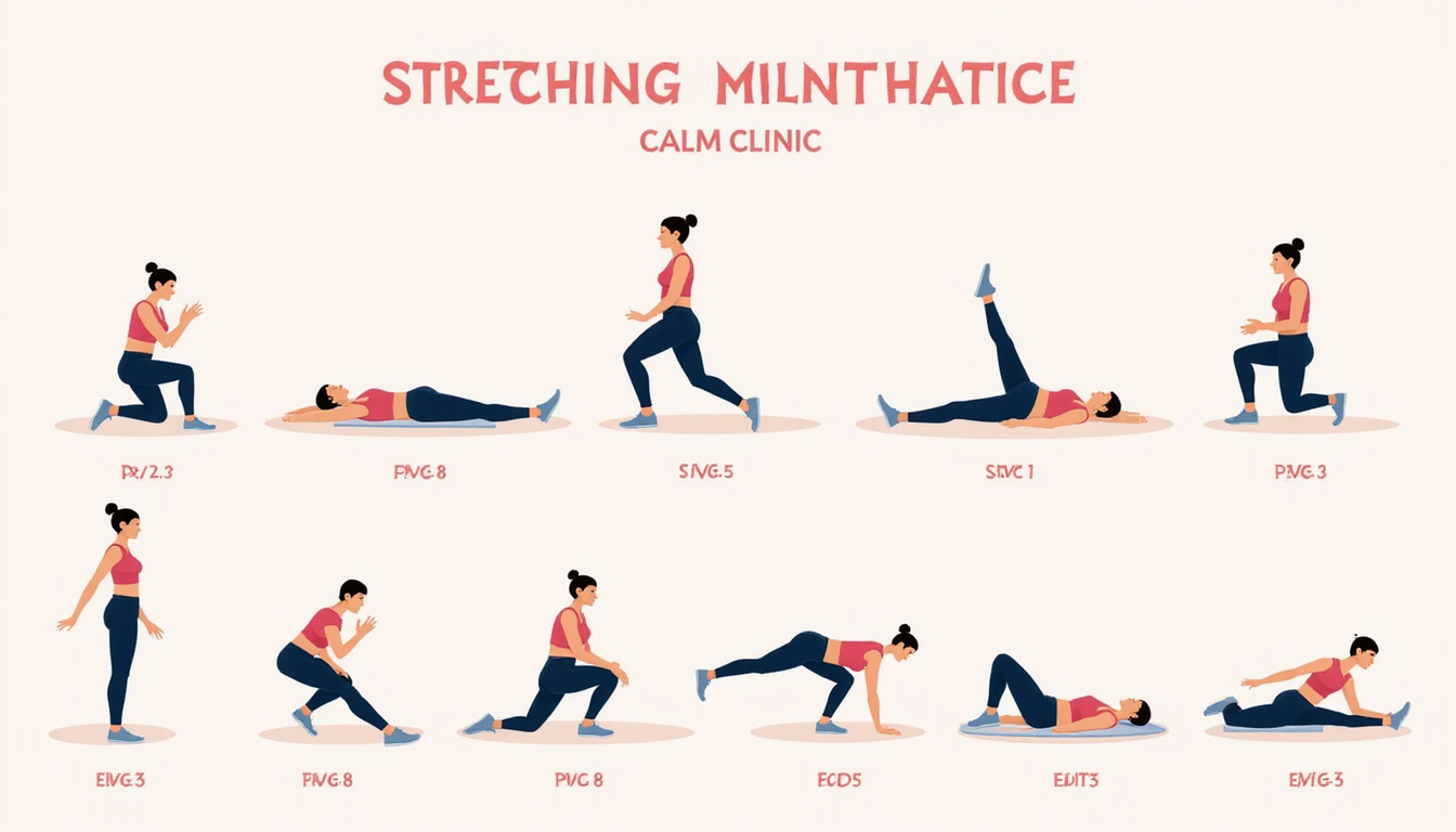  Doctor-guided stretching sequence infographic, nine poses, calm clinic, soft pastel palette