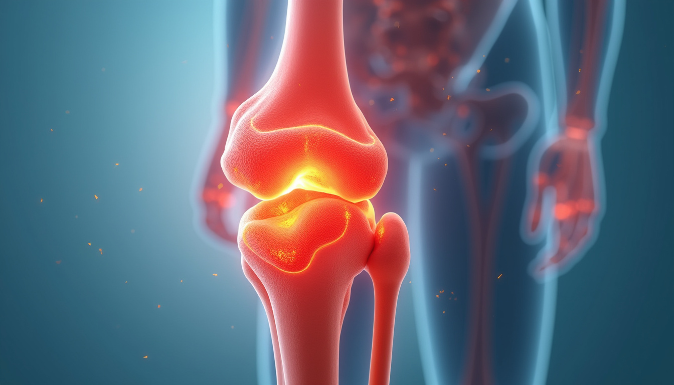  Cutaway anatomical illustration of torn meniscus and ACL, inflamed tissues highlighted in red