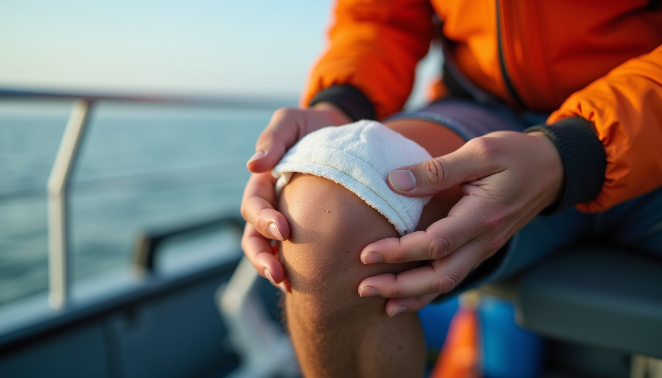  Close-up hands applying cold pack to aching knee on boat deck, fishing gear blurred, cinematic