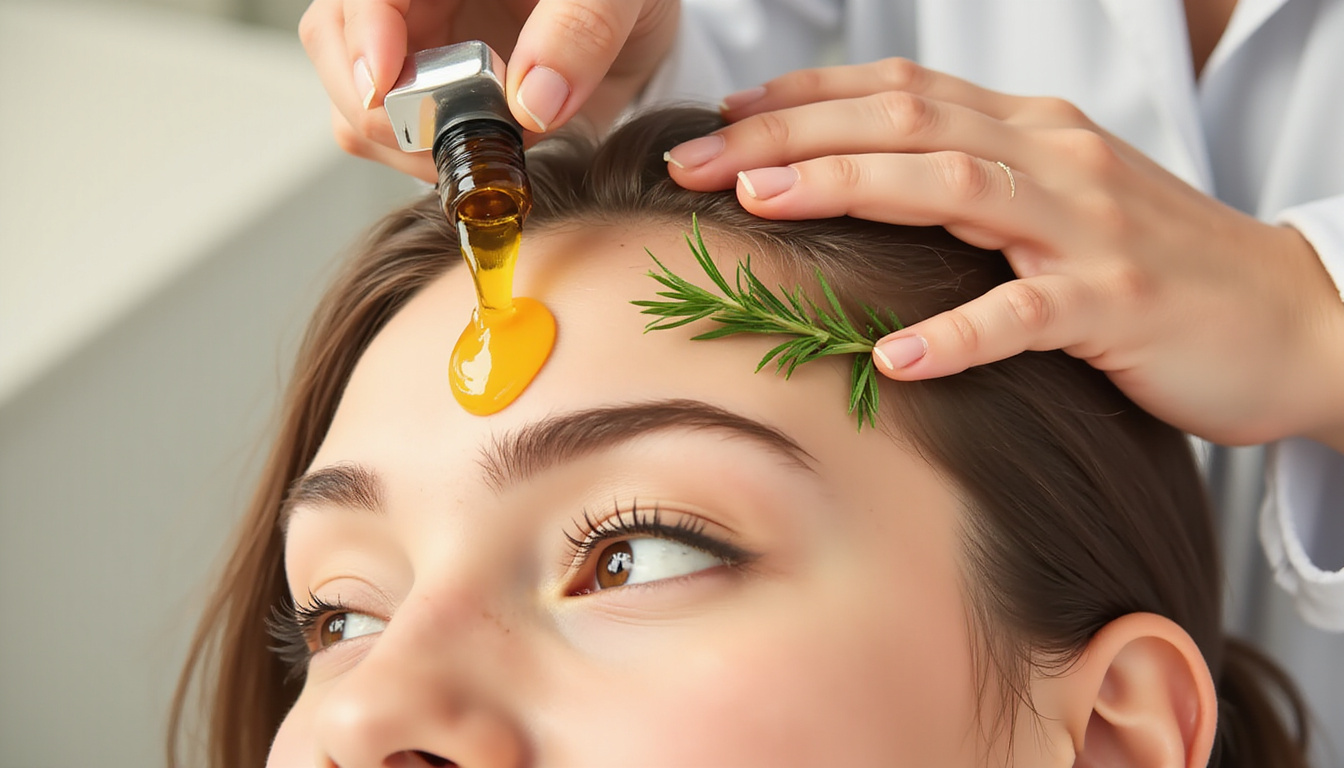  Close up hands applying natural oil to hairline with rosemary and aloe, soft clinical background