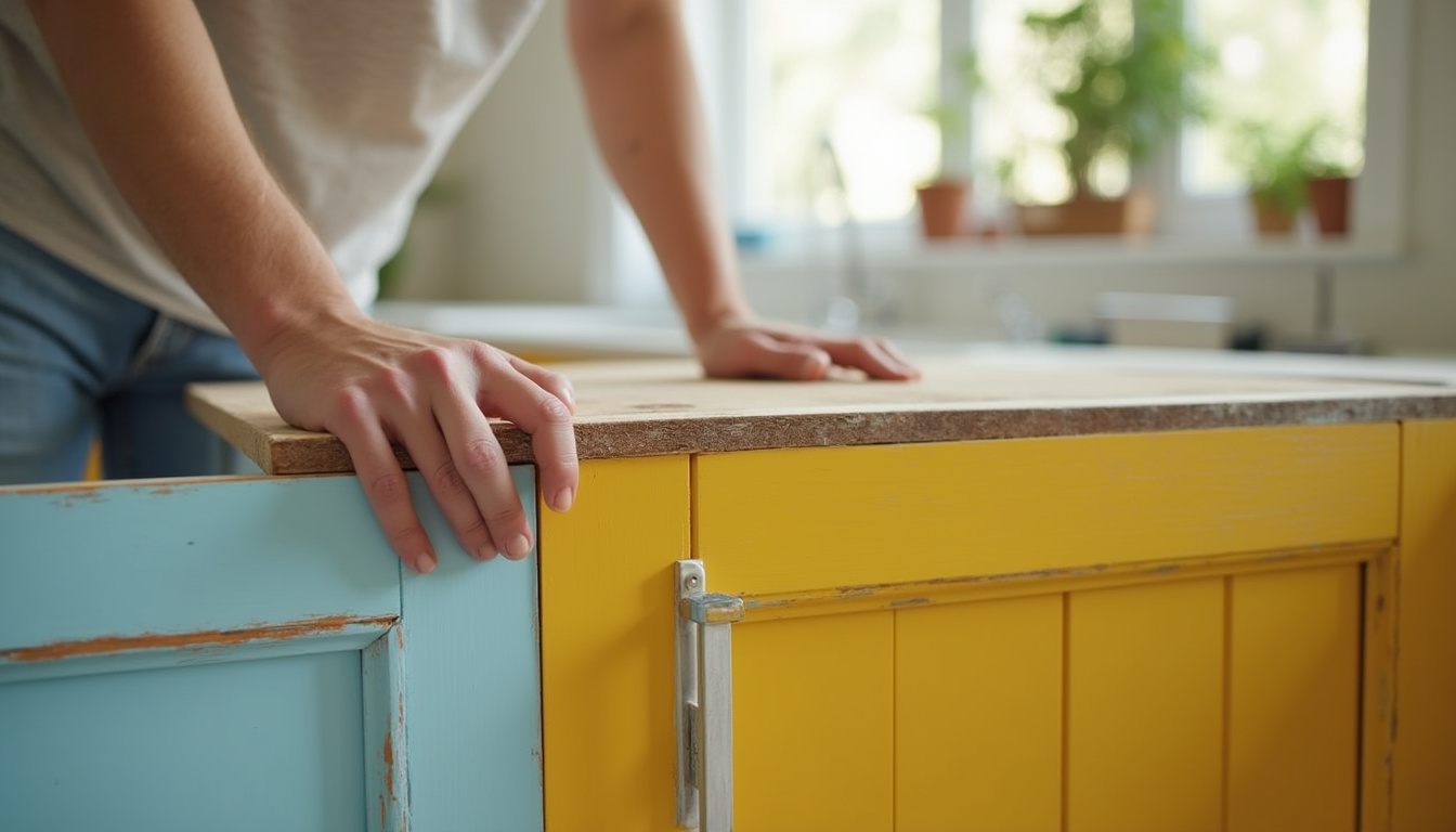  DIY homeowner refinishing cabinets, closeup hands applying veneer, stylish hardware, cozy inviting kitchen
