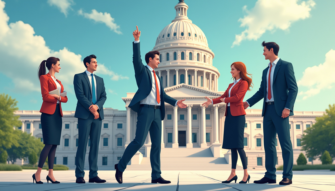  Small business team celebrating victory outside neoclassical federal building, contract handshake, eagle emblem, organized files