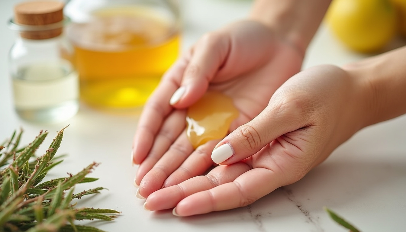  Close-up hands massaging skin with glistening oil, botanical ingredients and lab jars