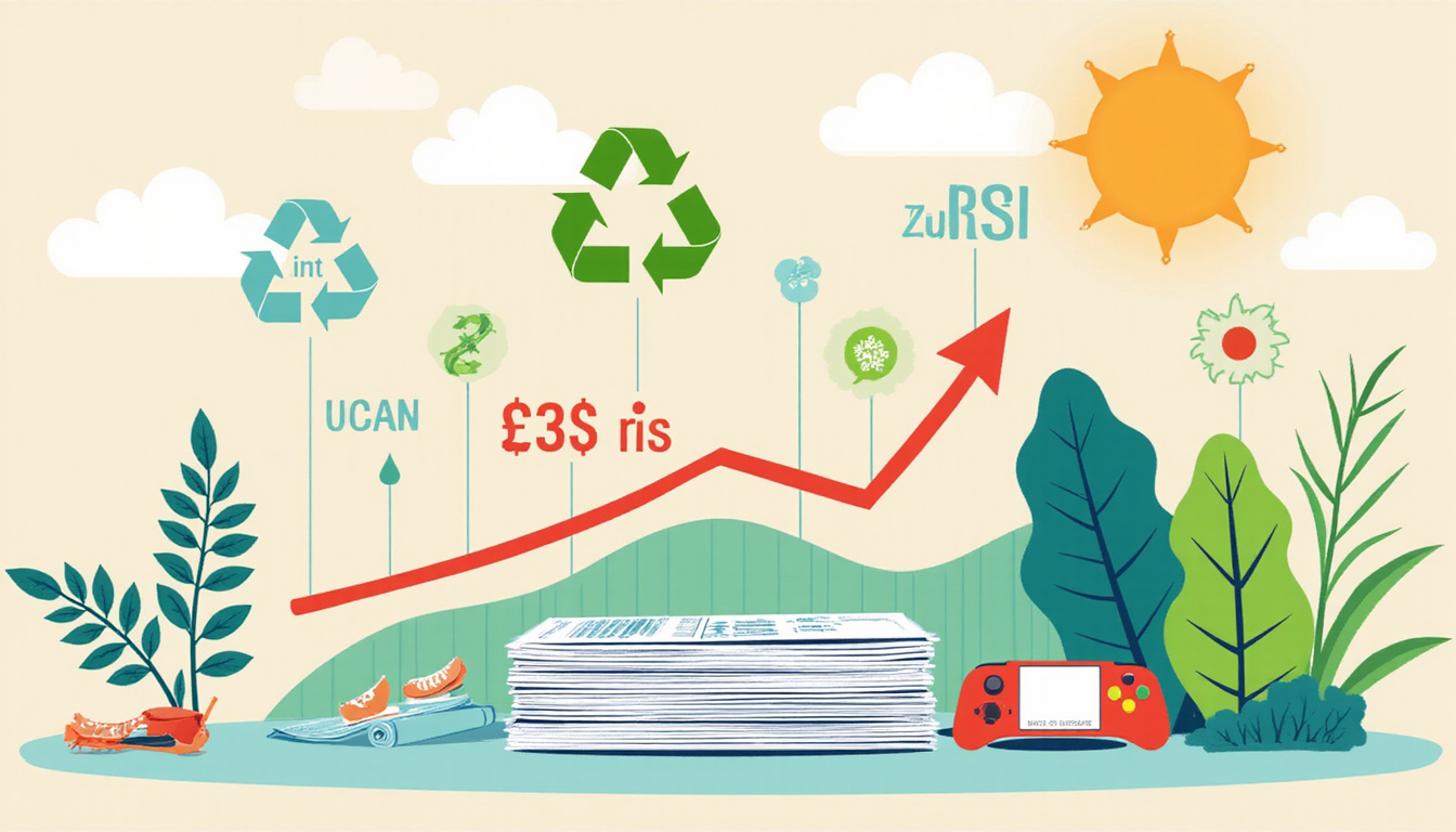  Infographic scene: rising cost savings graph, stack of printed sheets, green recycling icons, clean technology