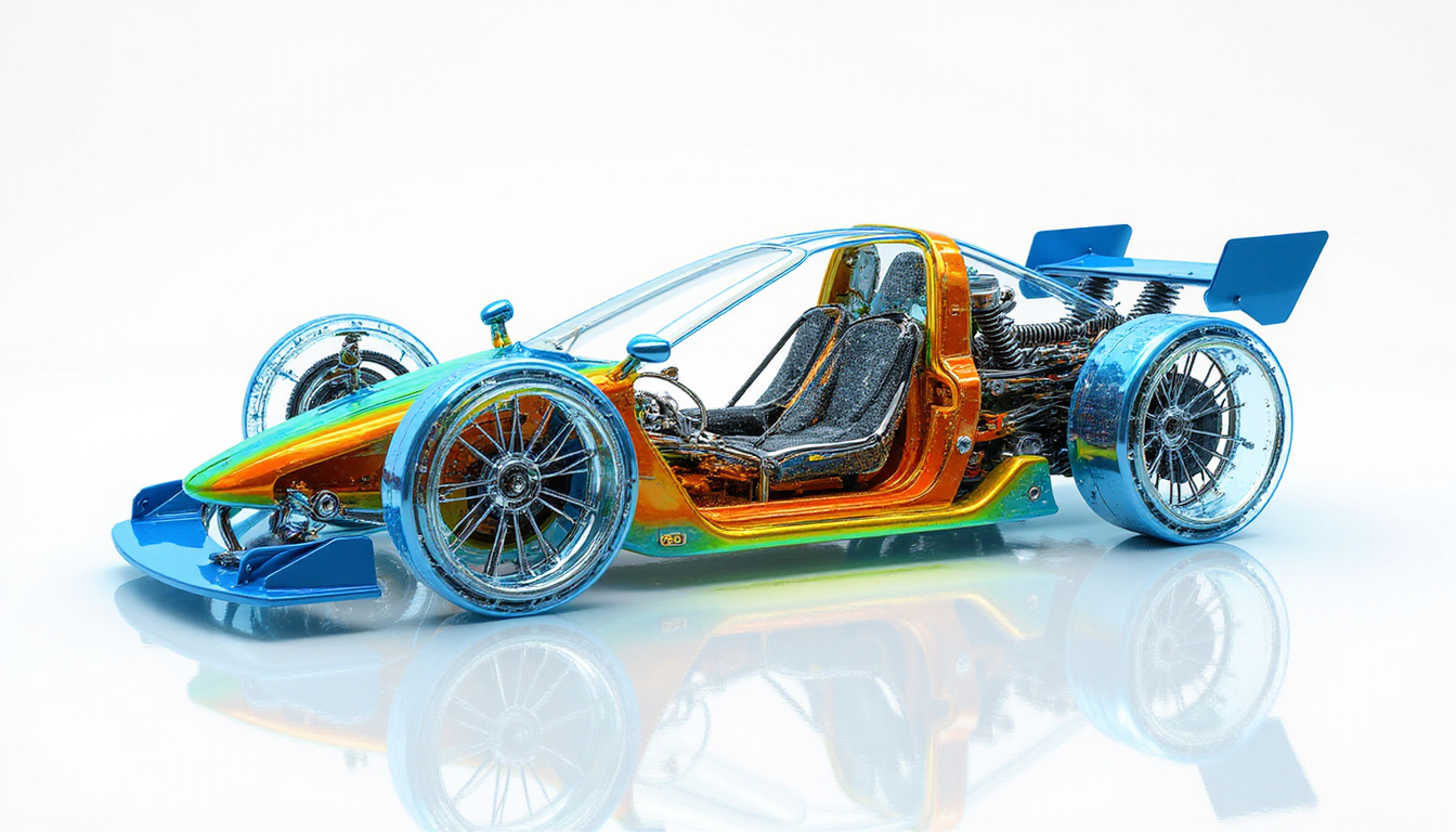  High-tech cutaway of suspension and monocoque under stress, holographic strain maps, dynamic handling