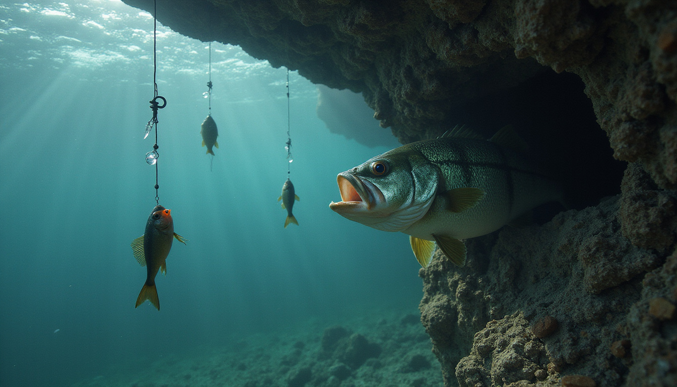 Underwater perspective: bait suspended by leader, lurking trophy bass emerging from shadowy rock crevice