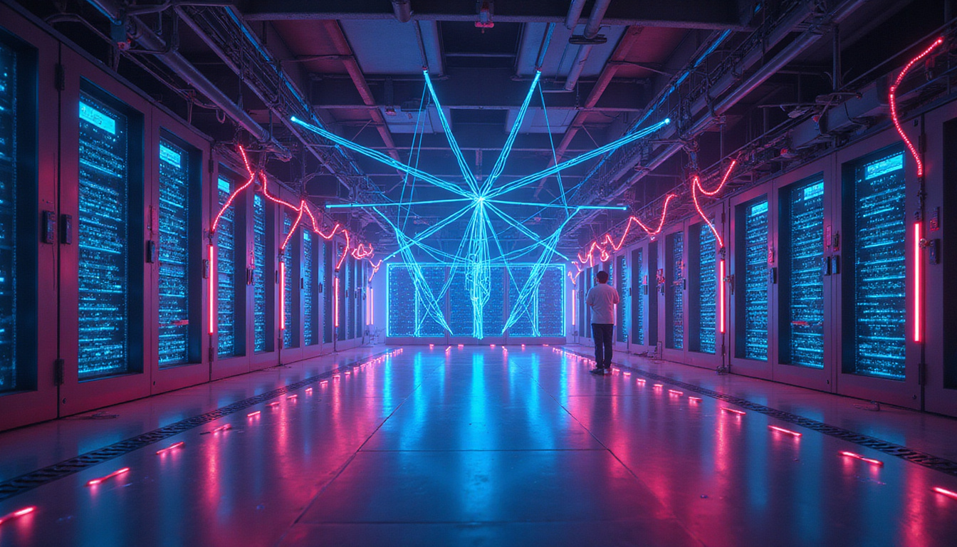  Cross-section of server farm stitched with neon threads, engineers monitoring holographic shard topology