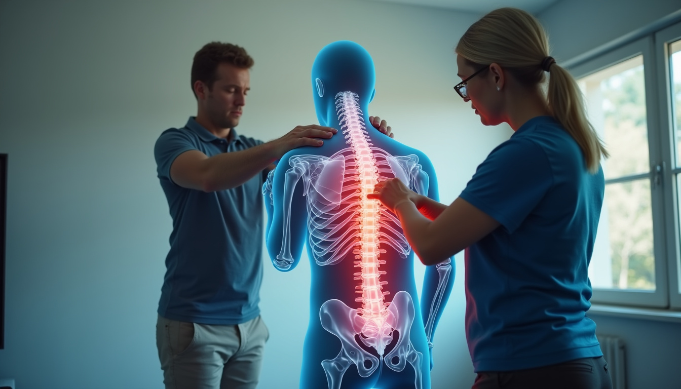  Instructor correcting golf swing posture, animated spine overlay showing relief, clinic setting, focused expressions