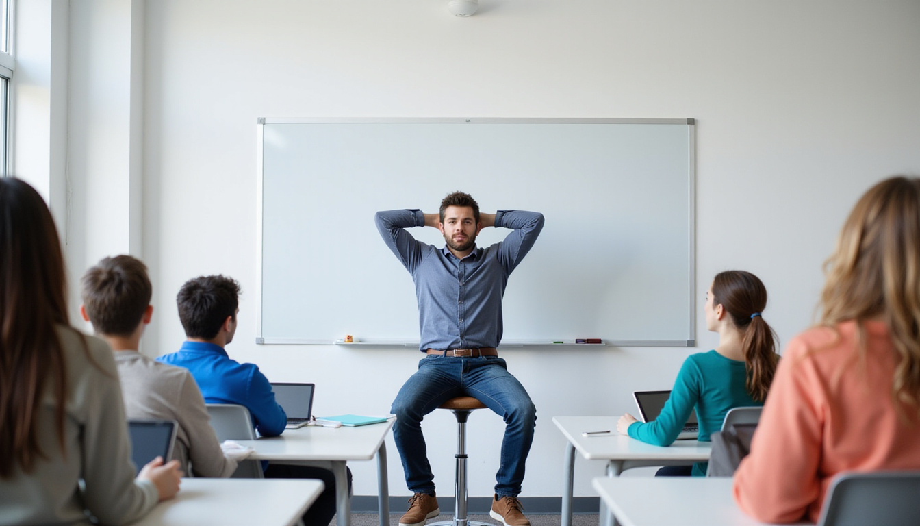  Male teacher seated on stool performing neck rolls, whiteboard, tablets on desks, calm breathing