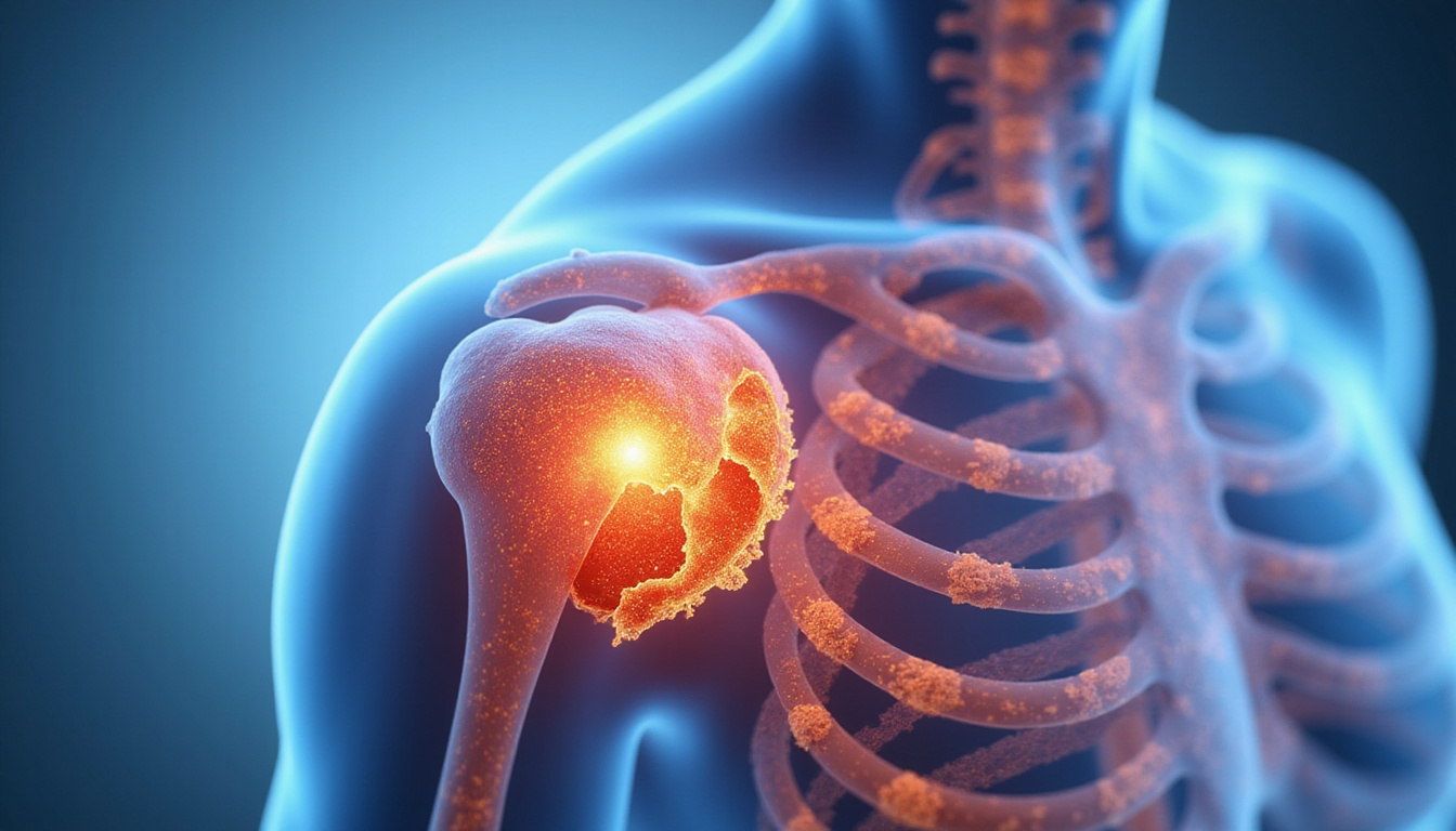  Detailed medical cutaway of rotator cuff tear healing, labeled stages, muscle fibers regenerating, calming blue tones