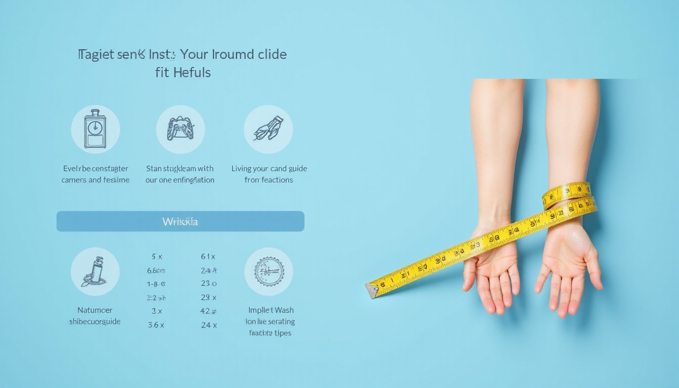  Infographic-style scene showing measurement tape, wrist sizing chart, step-by-step fit guide, soothing blue background