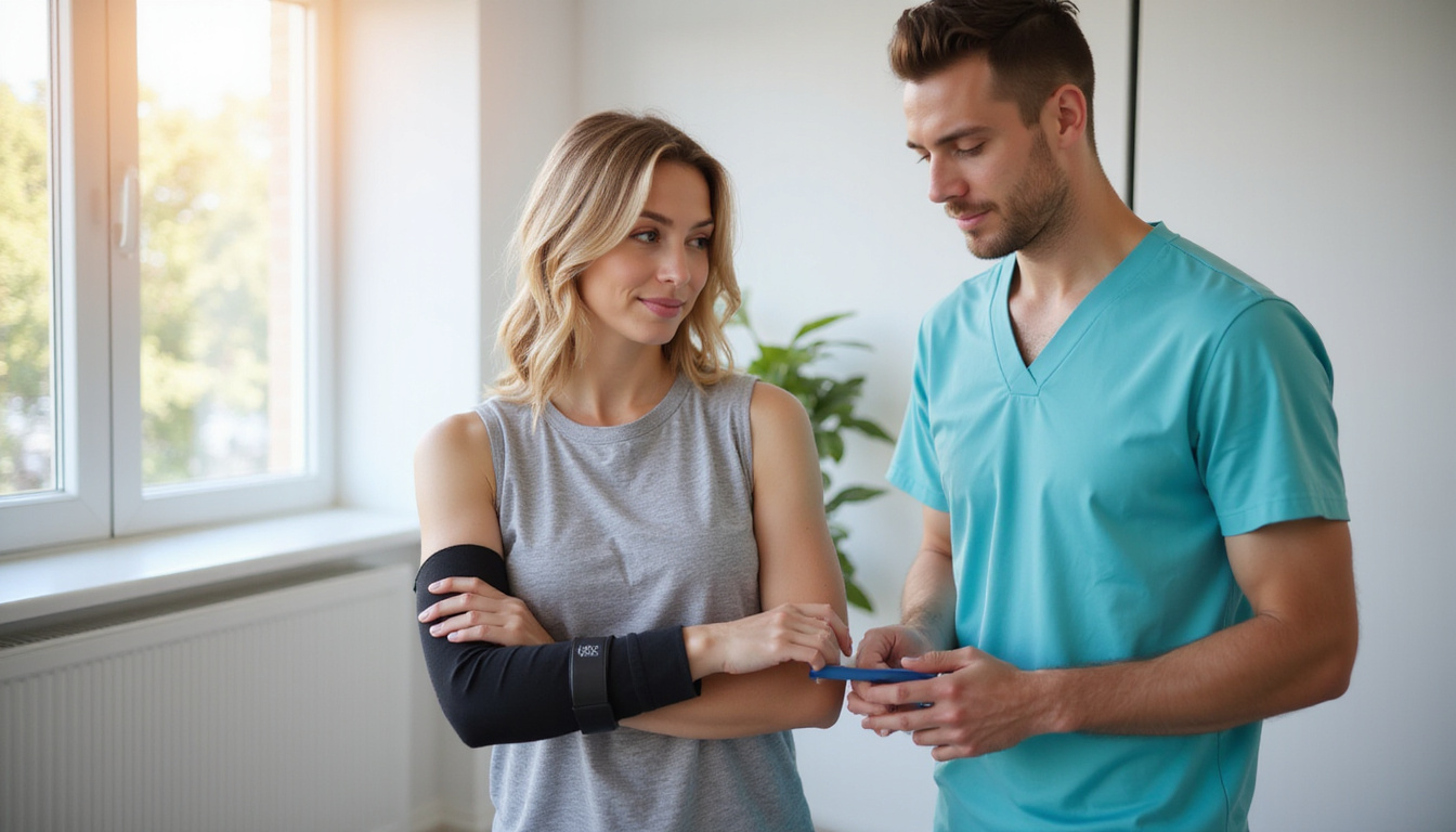 Physiotherapist guiding stretching and strengthening exercises with resistance band, elbow brace, warm compress