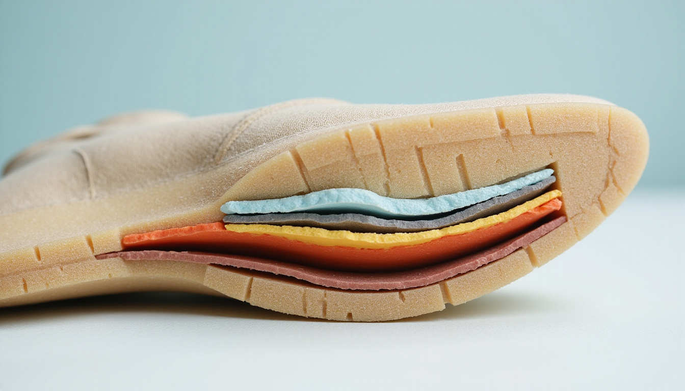  Close-up cross-section of boot sole showing arch support, shock-absorbing layers, natural colors