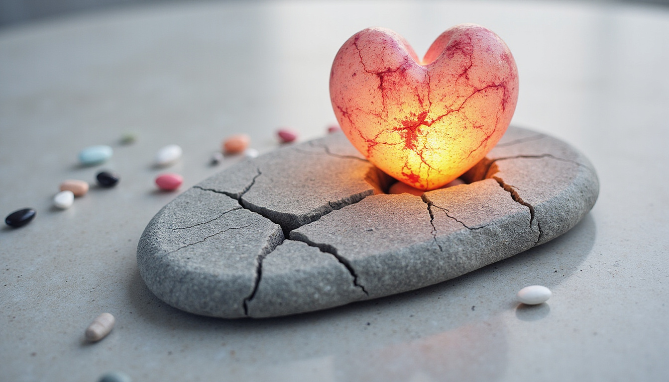  Symbolic transformation: cracked stone turning into blooming heart, physiotherapist, yoga, medication, healthy meals