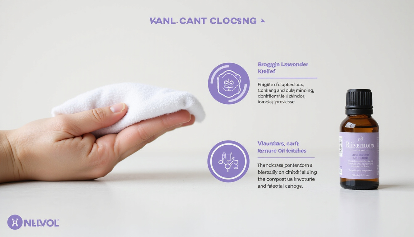  Hand applying cold compress, calming lavender oil bottle, infographic-style overlays showing triggers and relief